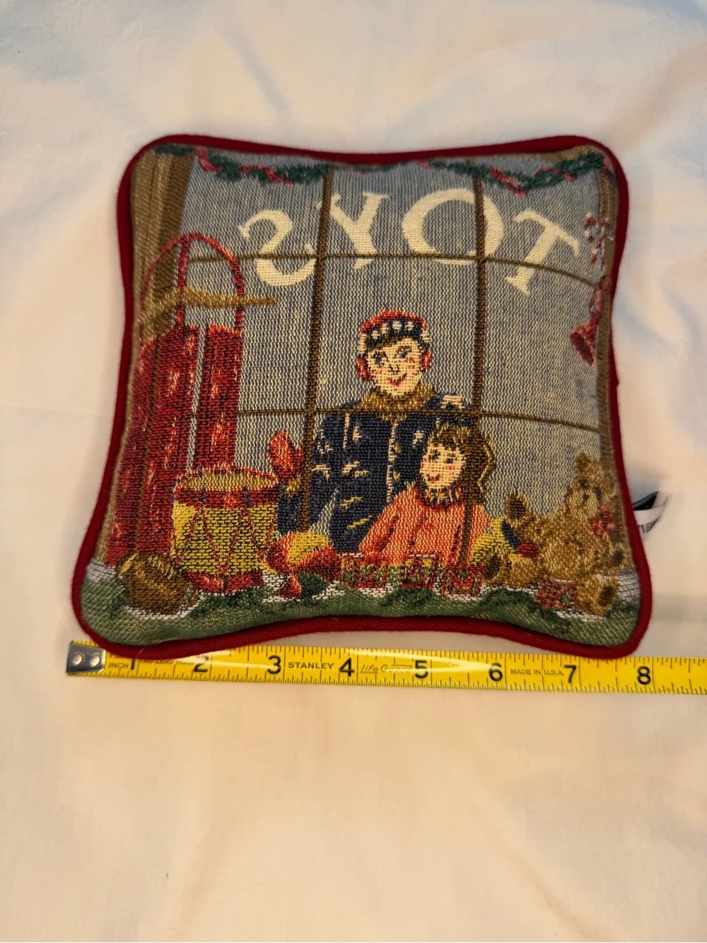 Holiday Tapestry Pillow with Red Trim - Festive Window Scene